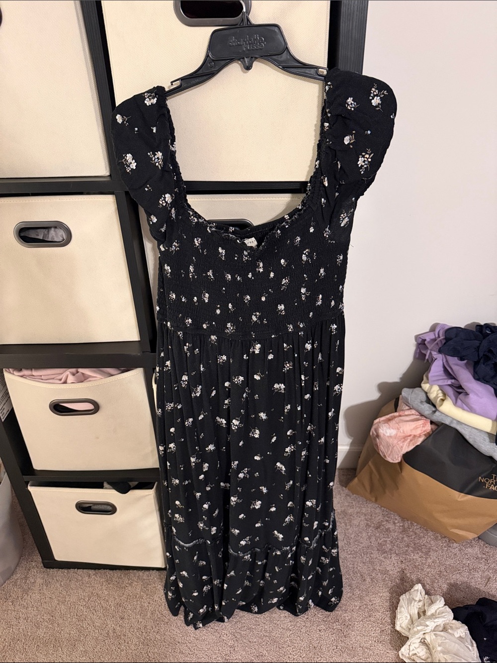 Aeropostale Black Floral Midi Dress with Smocked Bodice